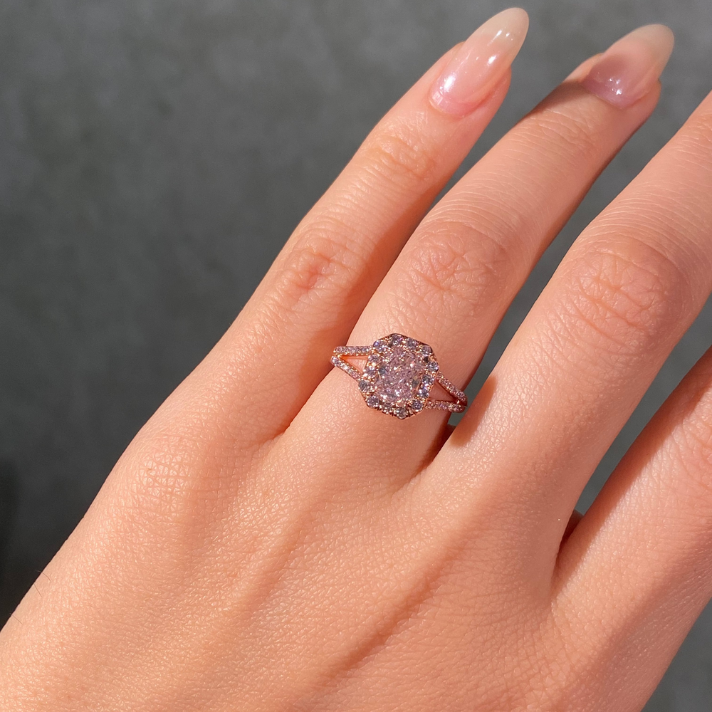 1.11ct GIA Light Pink Radiant Diamond Split Shank Halo Engagement Ring