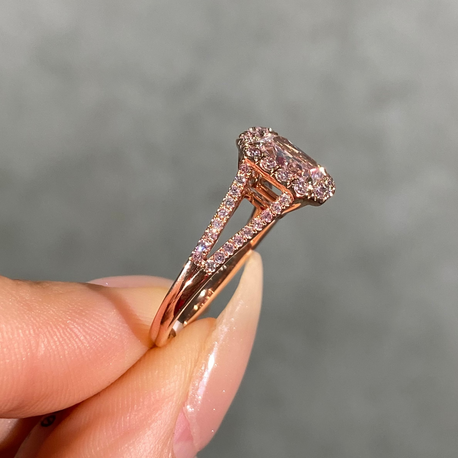 1.11 Carat Light Pink Radiant Diamond Split Shank Halo Engagement Ring
