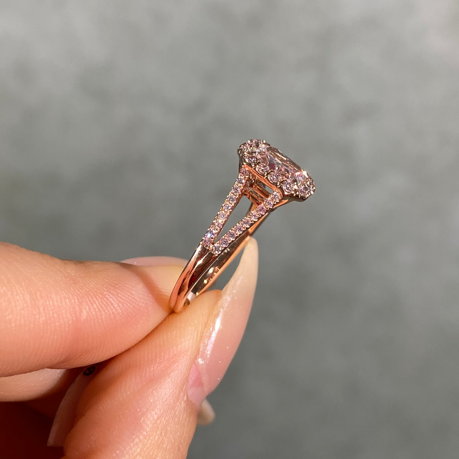 1.11ct GIA Light Pink Radiant Diamond Split Shank Halo Engagement Ring
