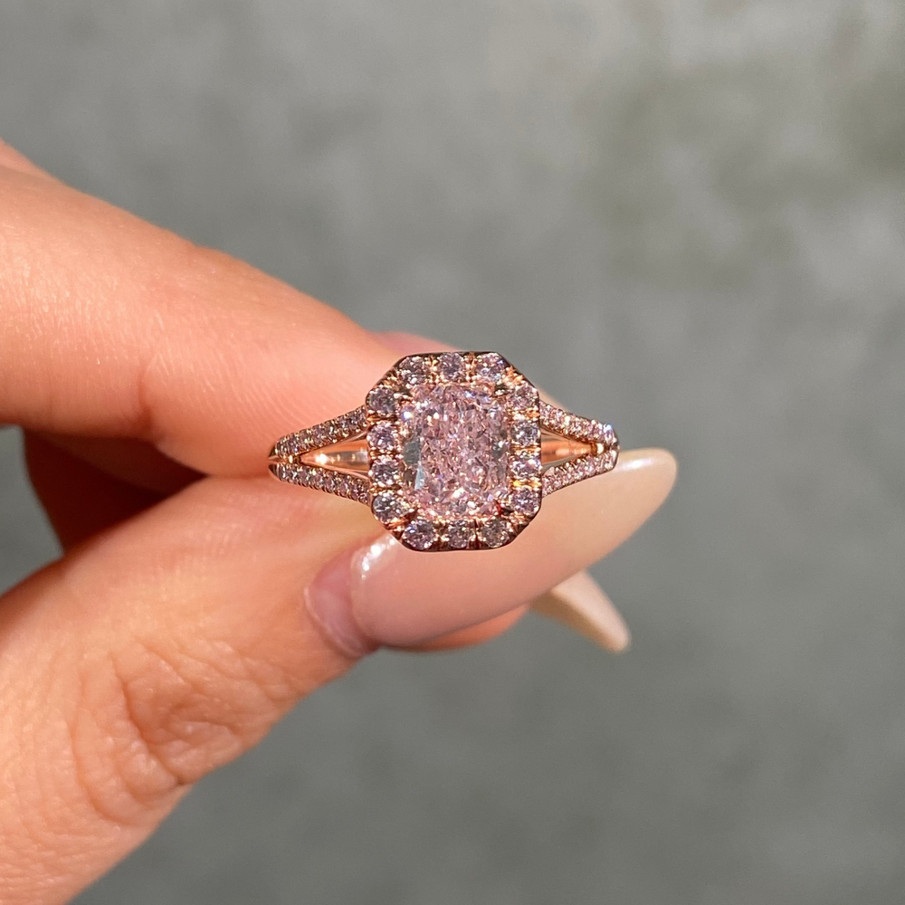1.11 Carat Light Pink Radiant Diamond Split Shank Halo Engagement Ring