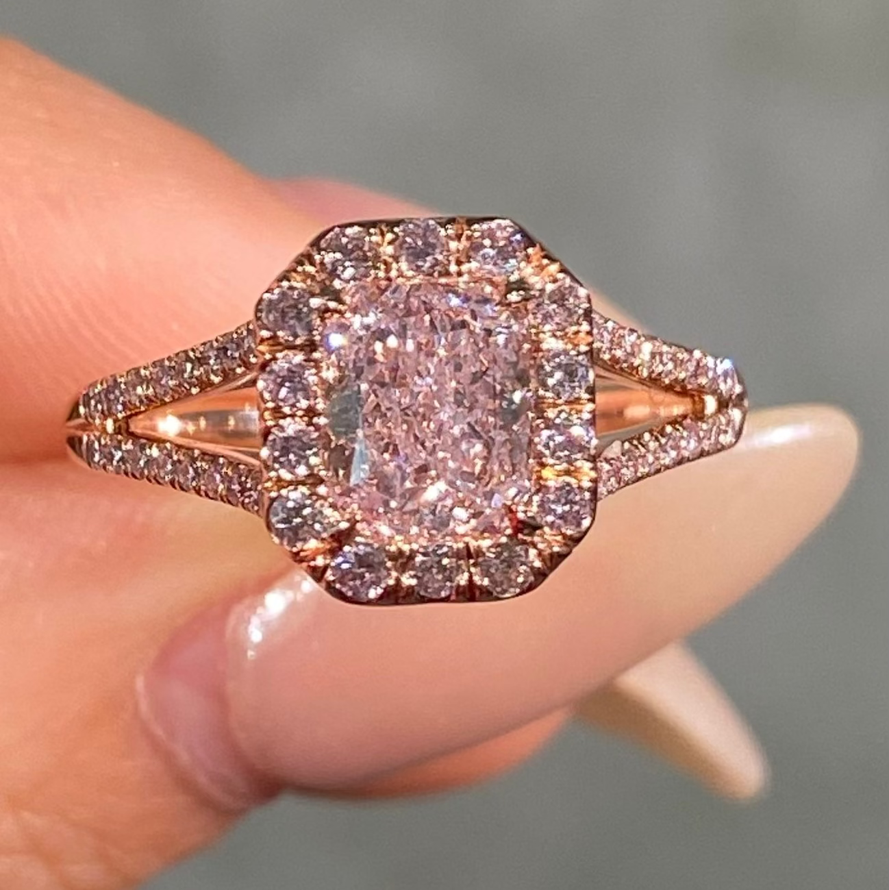 1.11ct GIA Light Pink Radiant Diamond Split Shank Halo Engagement Ring