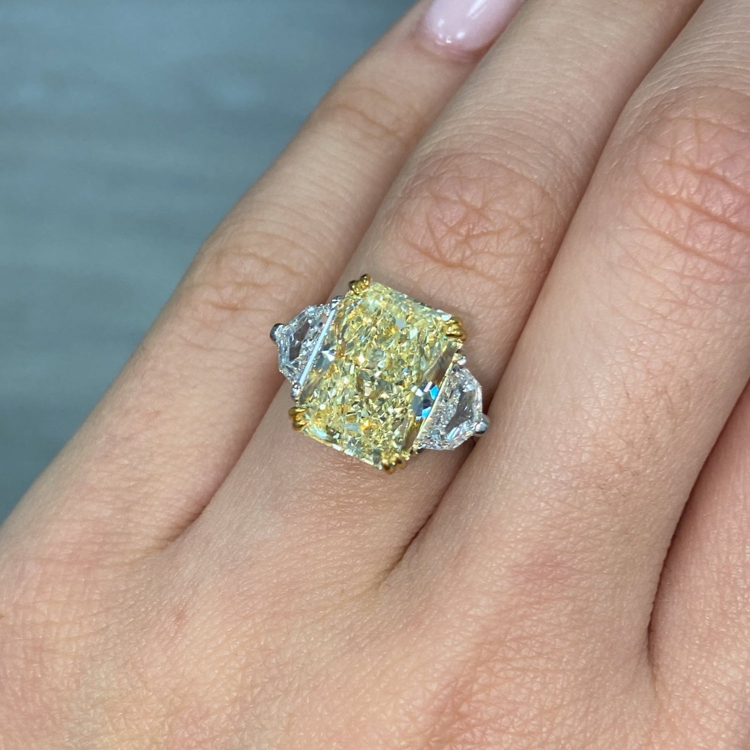 6.72ct Fancy Light Yellow Elongated Radiant diamond engagement ring, handcrafted by Rare Colors by Namdar