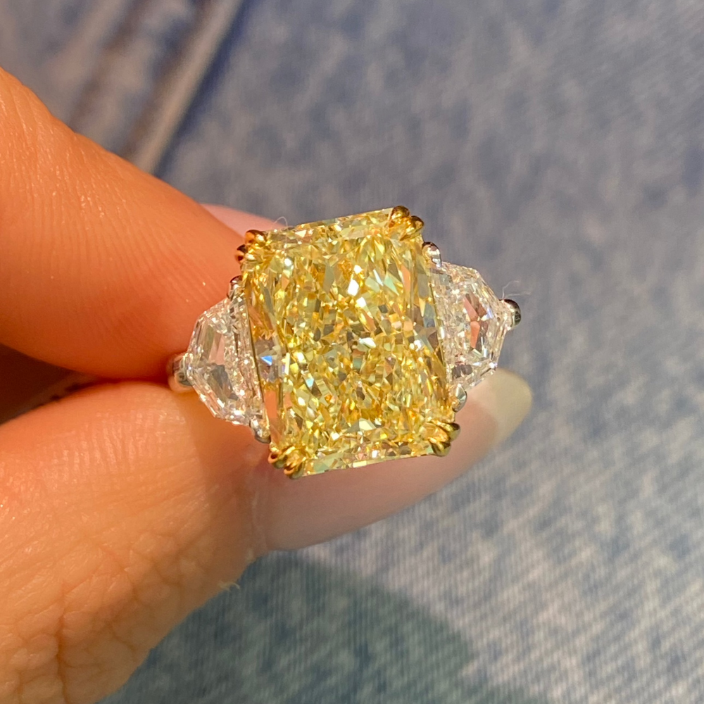 GIA 6.72ct Fancy Light Yellow Elongated Radiant diamond engagement ring at Rare Colors by Namdar, 5th Avenue New York