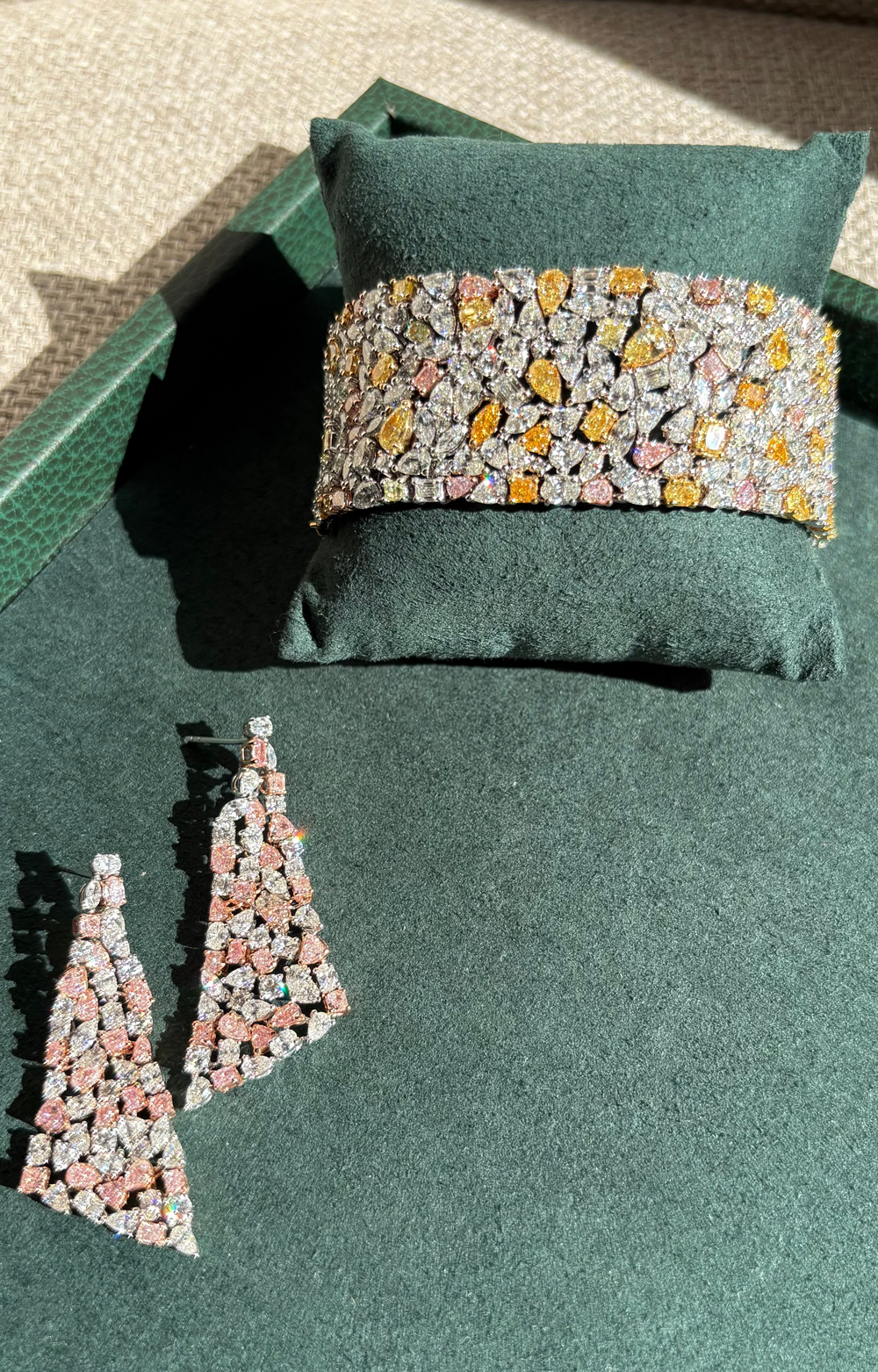Rare Colors by Namdar Pink diamond chandelier earrings, New York City