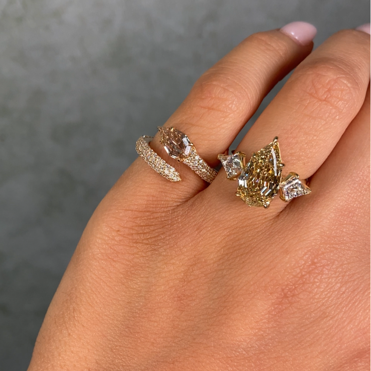 4ct Champagne Pear diamond engagement ring, handcrafted by Rare Colors by Namdar