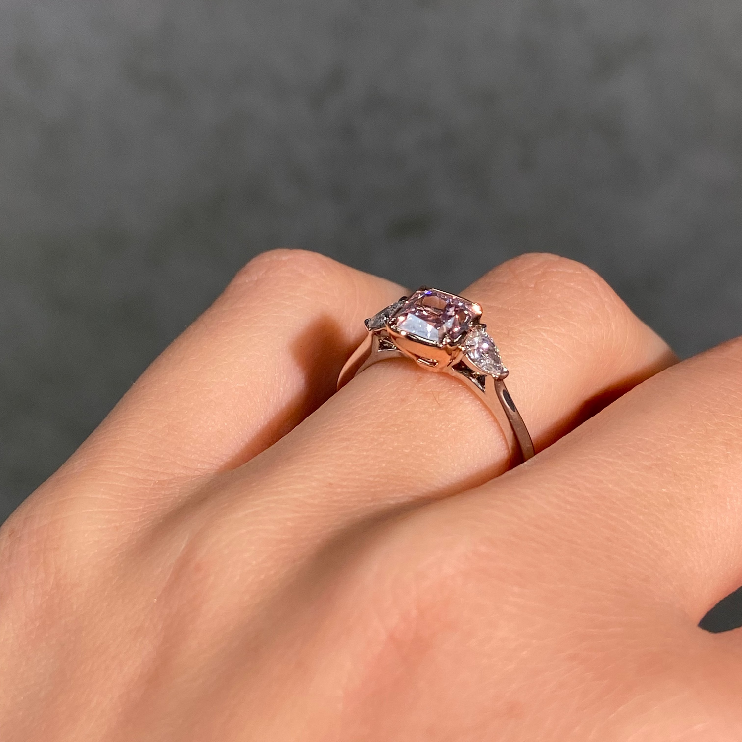 1.70 Carat Fancy Purplish Pink Cushion Diamond Three Stone Engagement Ring