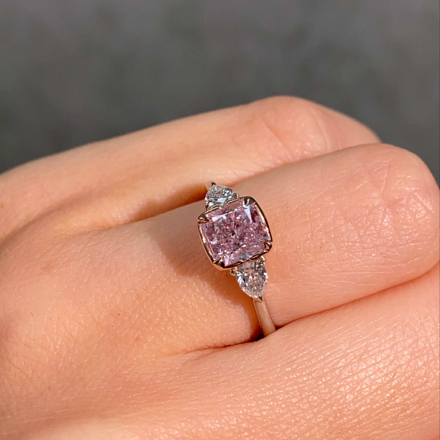 1.70 Carat Fancy Purplish Pink Cushion Diamond Three Stone Engagement Ring