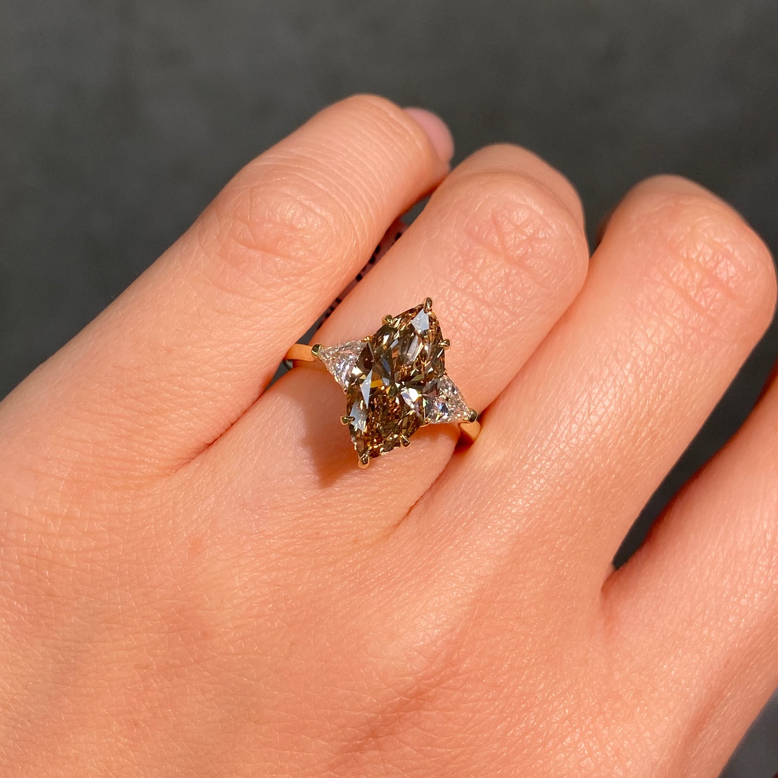 3ct Champagne Marquise Diamond Three Stone Engagement Ring
