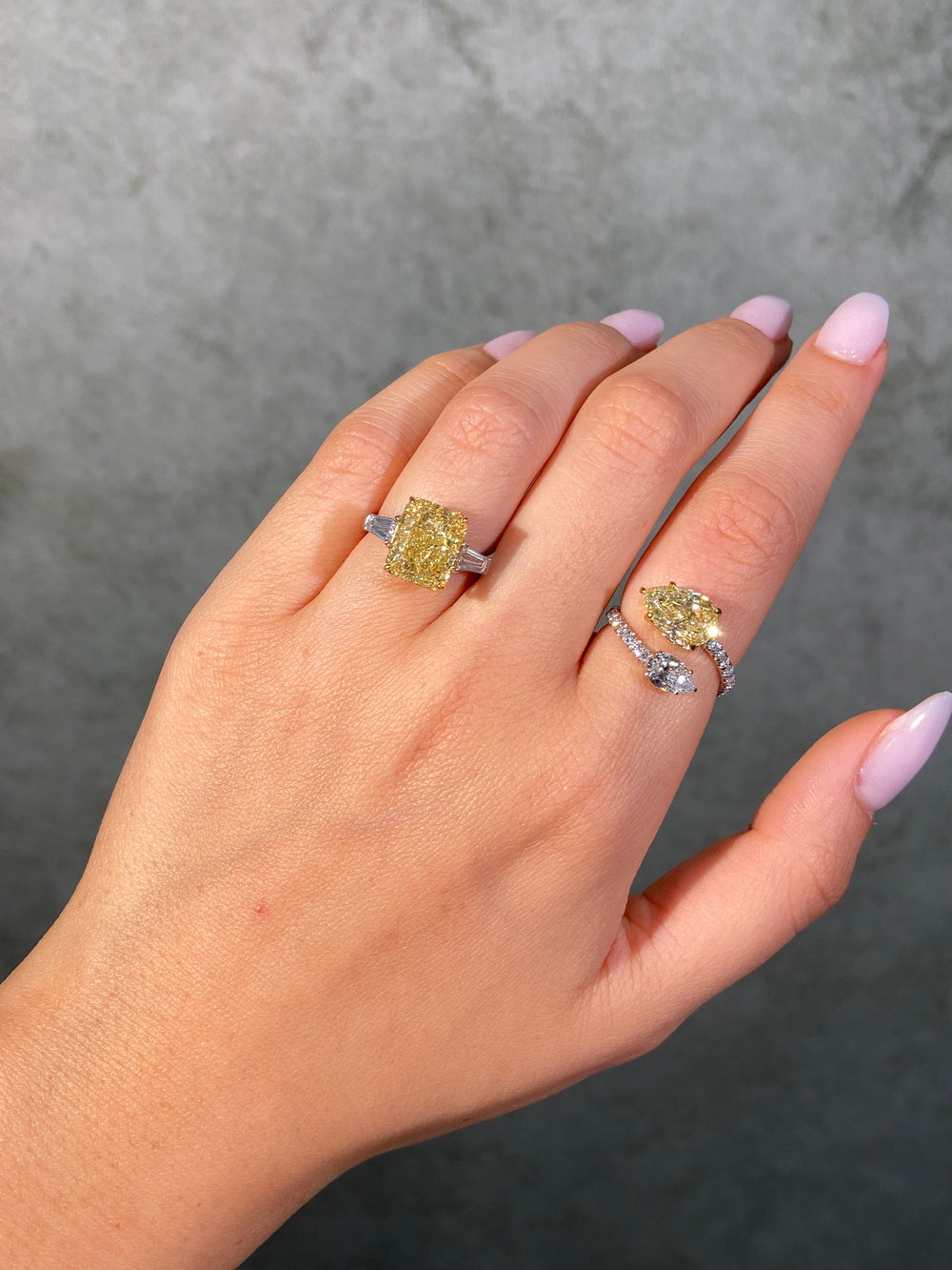 Rare Colors by Namdar 5.52ct Fancy Yellow Elongated Radiant diamond ring, New York City