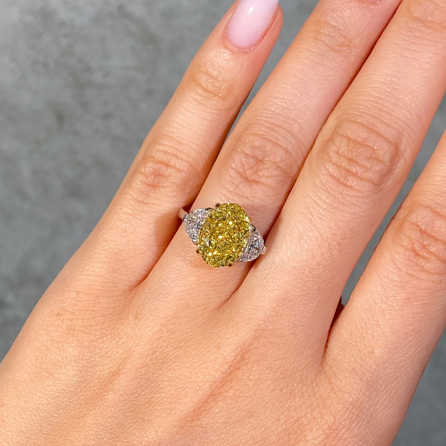 5 Carat Fancy Intense Yellow Oval Diamond Three Stone Engagement Ring
