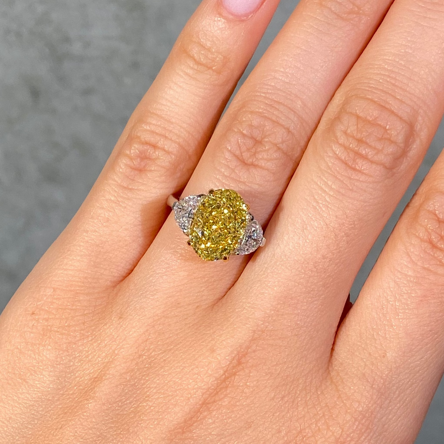5ct GIA Fancy Intense Yellow Oval Diamond Three Stone Engagement Ring