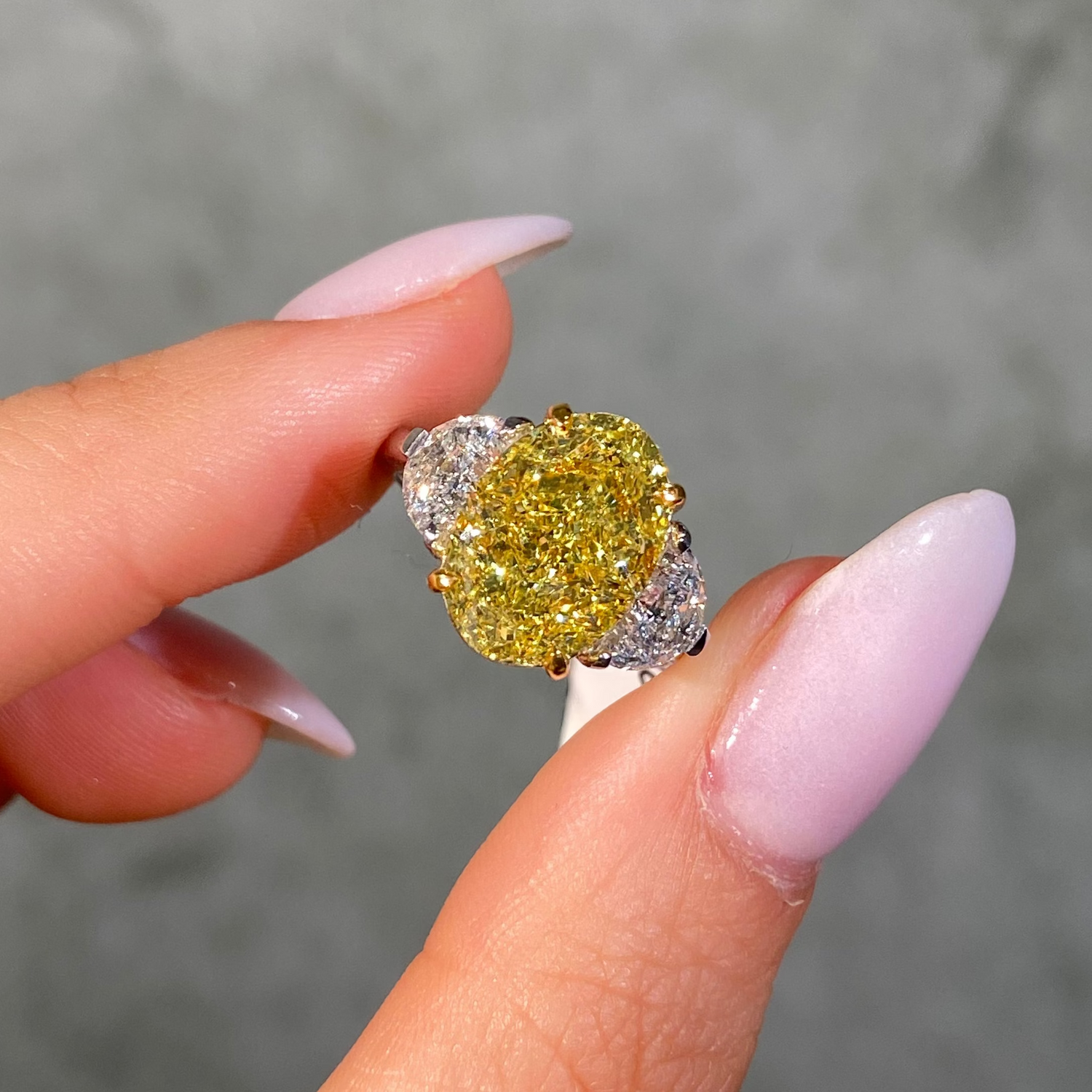 5 Carat Fancy Intense Yellow Oval Diamond Three Stone Engagement Ring