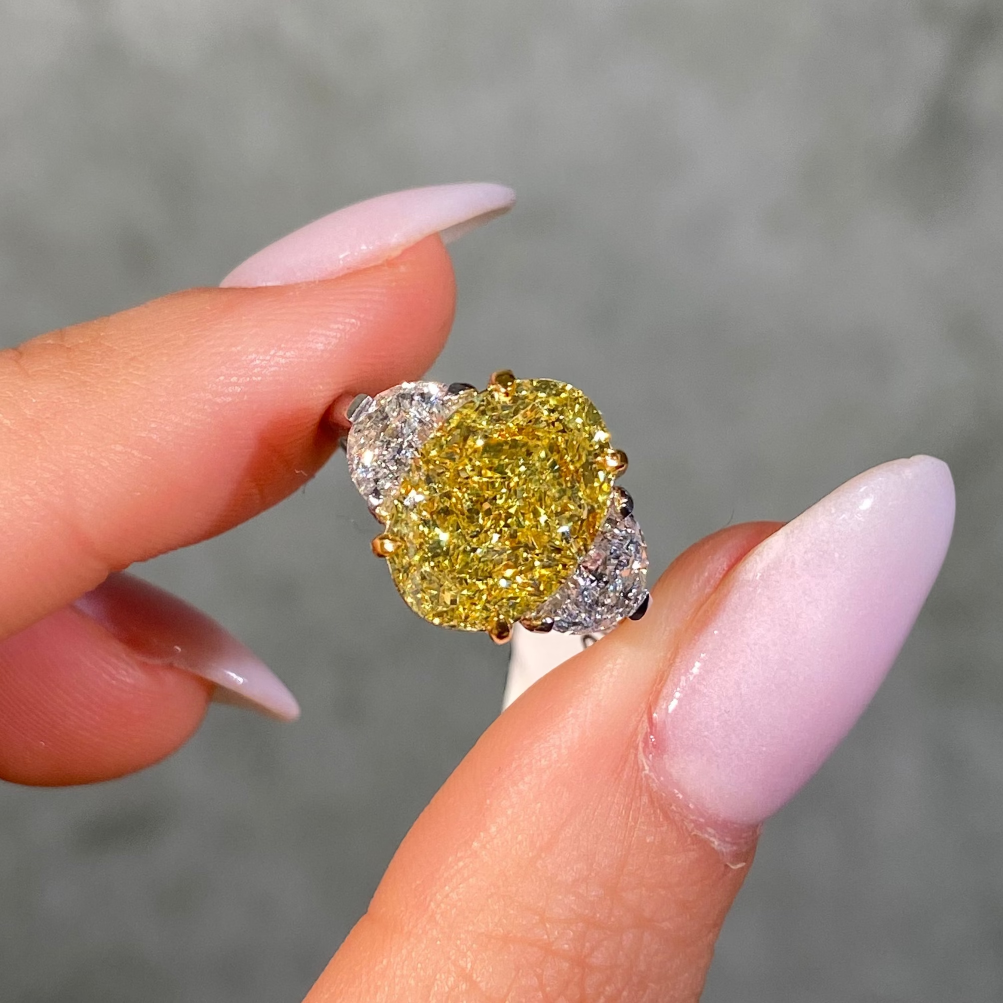 5ct GIA Fancy Intense Yellow Oval Diamond Three Stone Engagement Ring
