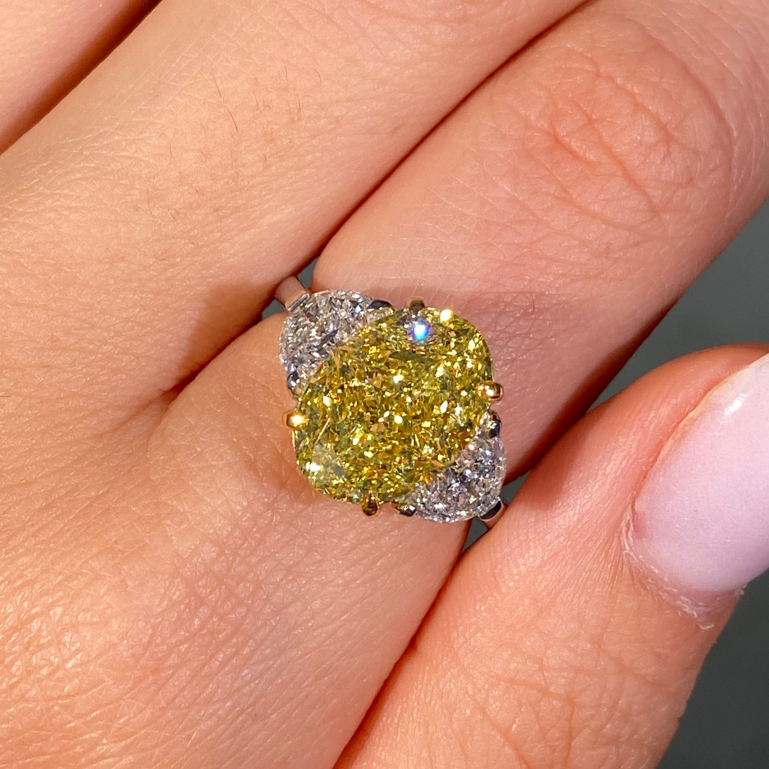 5 Carat Fancy Intense Yellow Oval Diamond Three Stone Engagement Ring