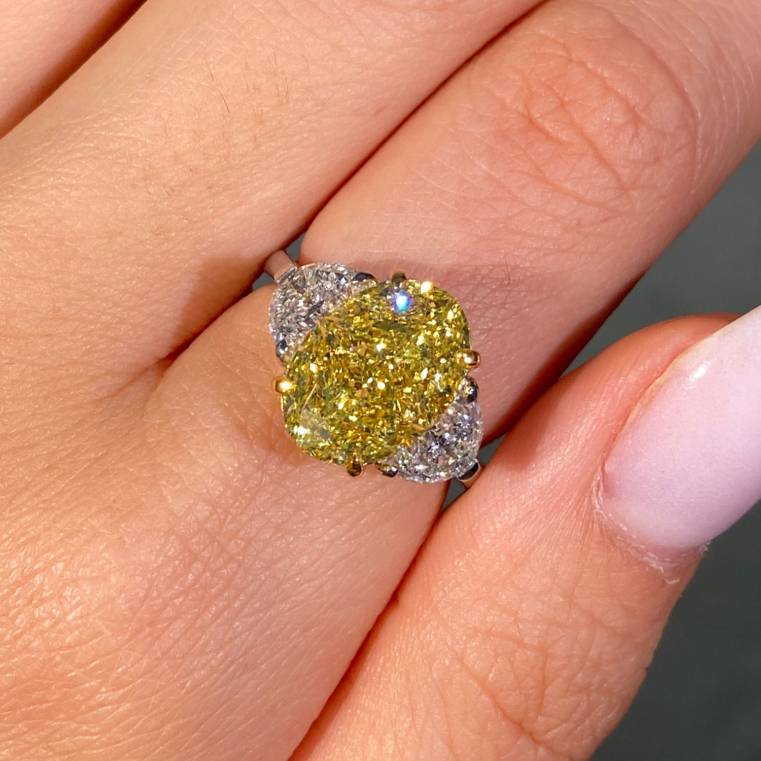 5ct GIA Fancy Intense Yellow Oval Diamond Three Stone Engagement Ring
