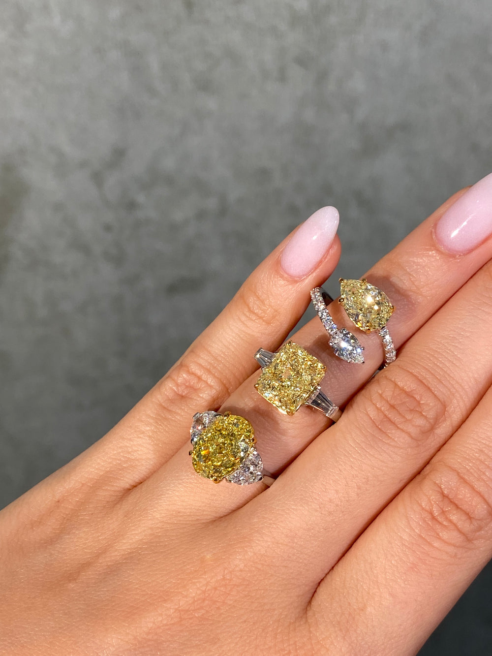 5 Carat Fancy Intense Yellow Oval Diamond Three Stone Engagement Ring