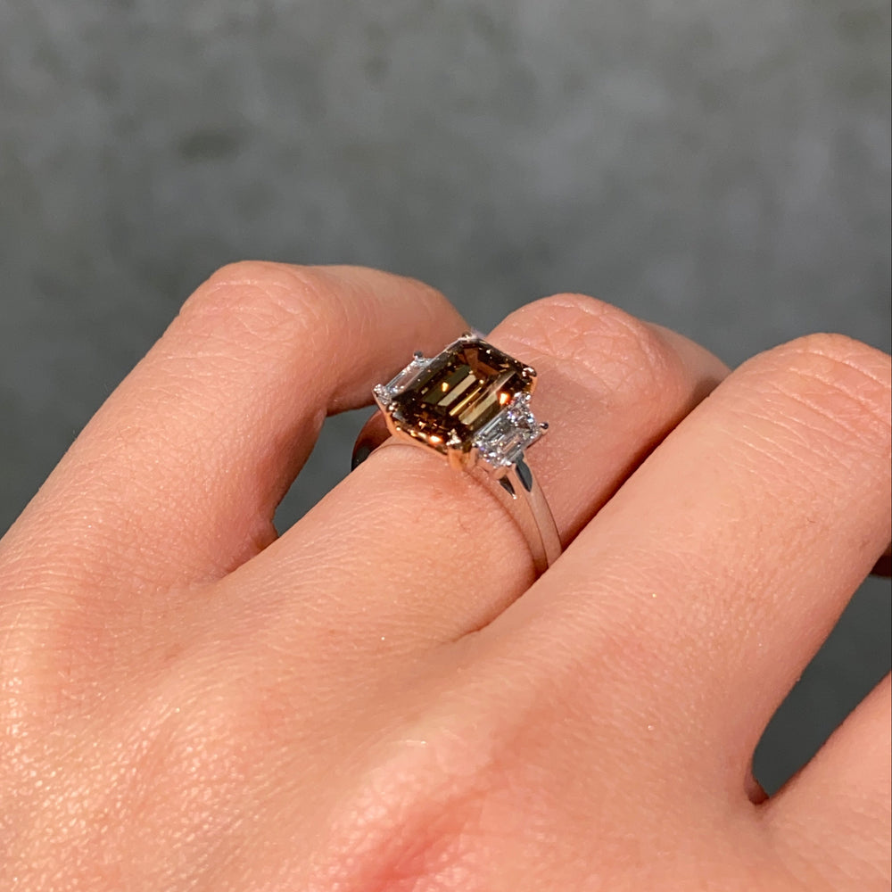 3 Carat Dark Champagne Emerald Diamond Three Stone Engagement Ring