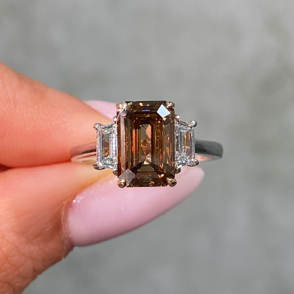 3 Carat Dark Champagne Emerald Diamond Three Stone Engagement Ring