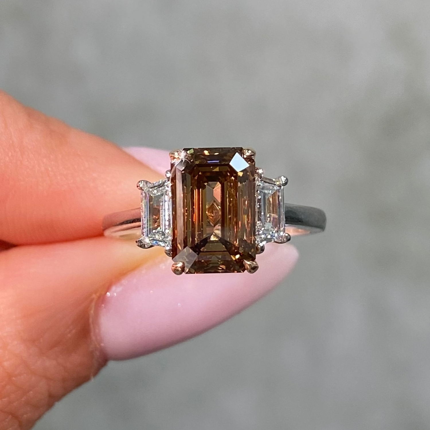 3 Carat Dark Champagne Emerald Diamond Three Stone Engagement Ring