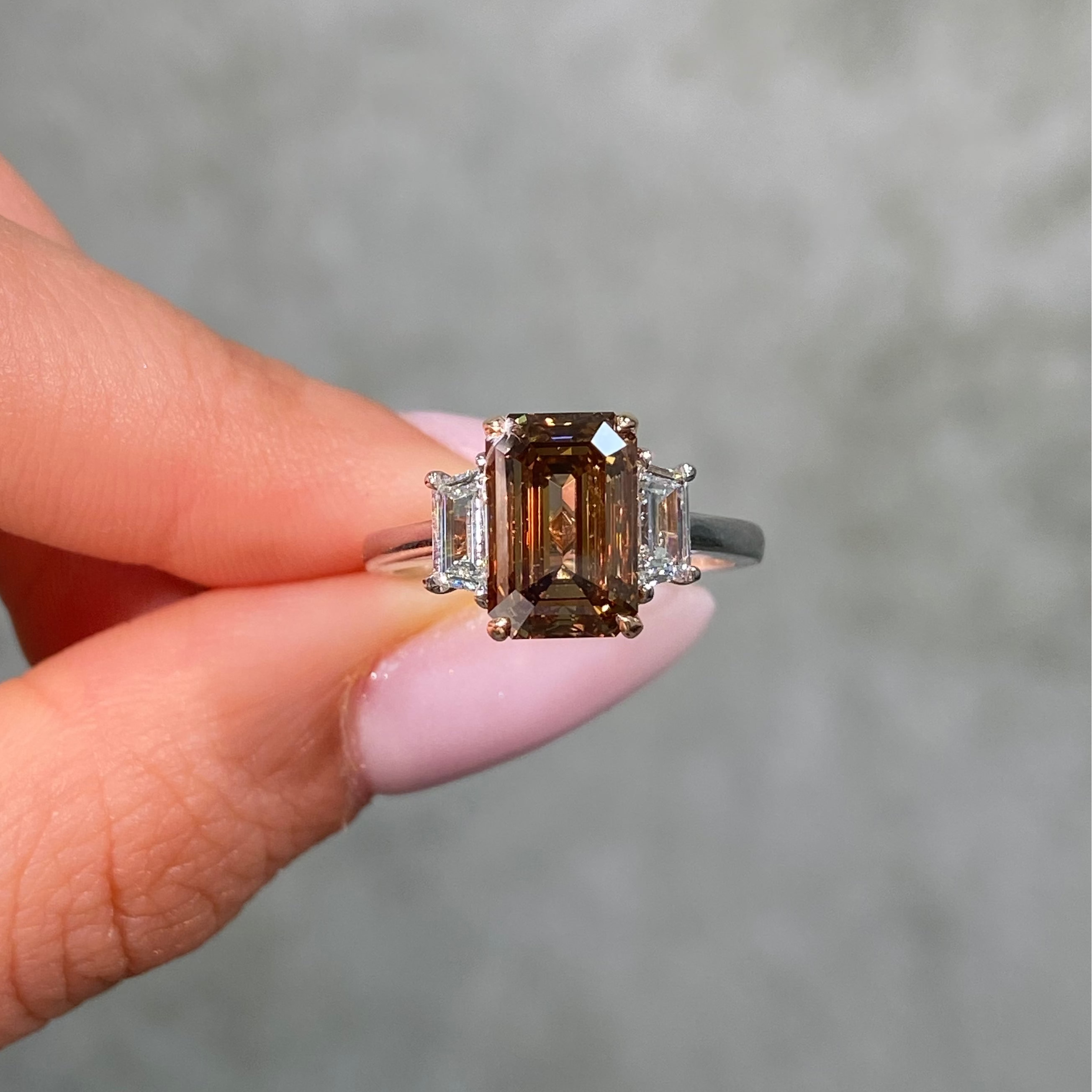3ct GIA Dark Champagne Emerald Diamond Three Stone Engagement Ring