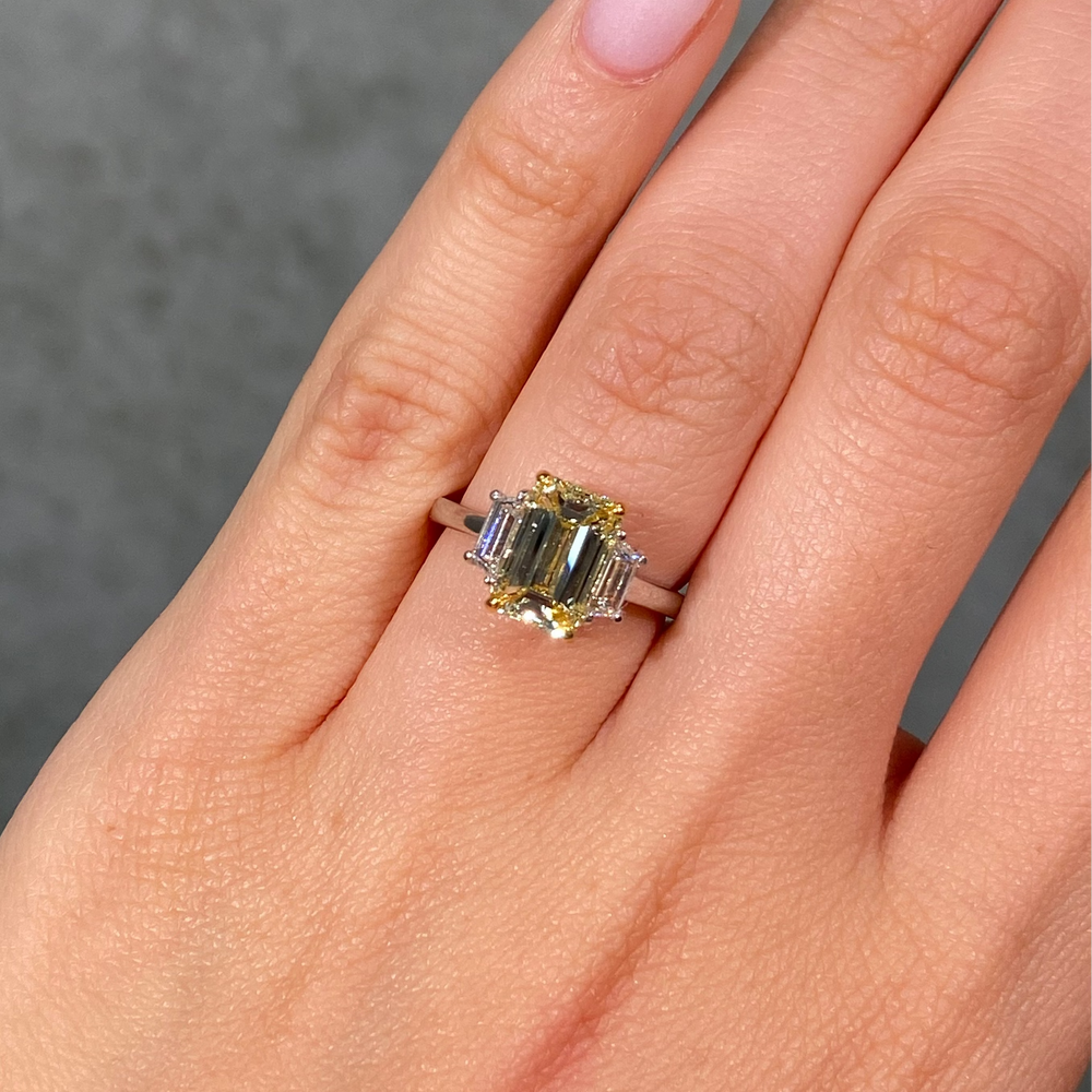2.2ct GIA Yellow Emerald Diamond Three Stone Engagement Ring
