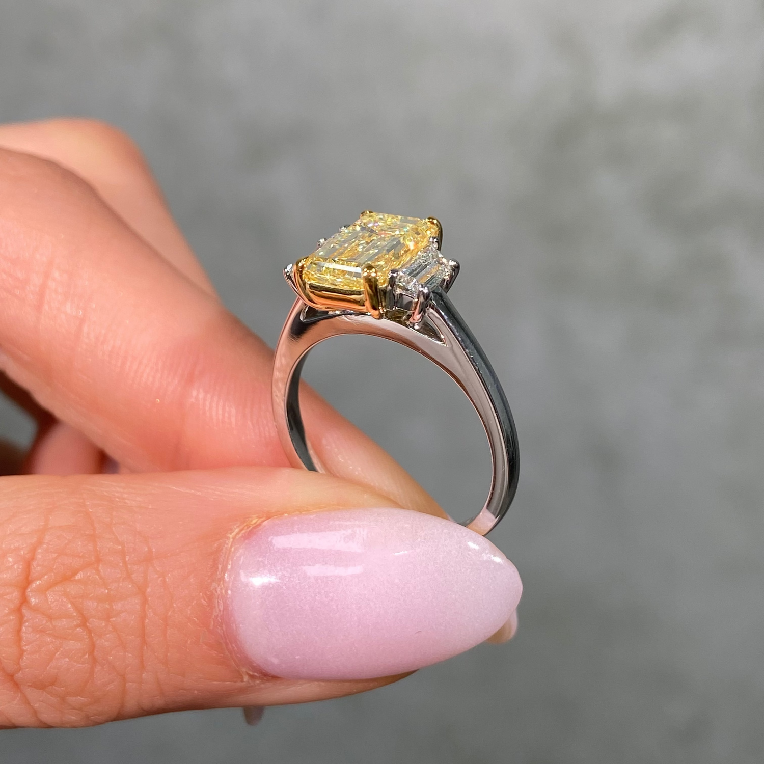 2.2ct GIA Yellow Emerald Diamond Three Stone Engagement Ring