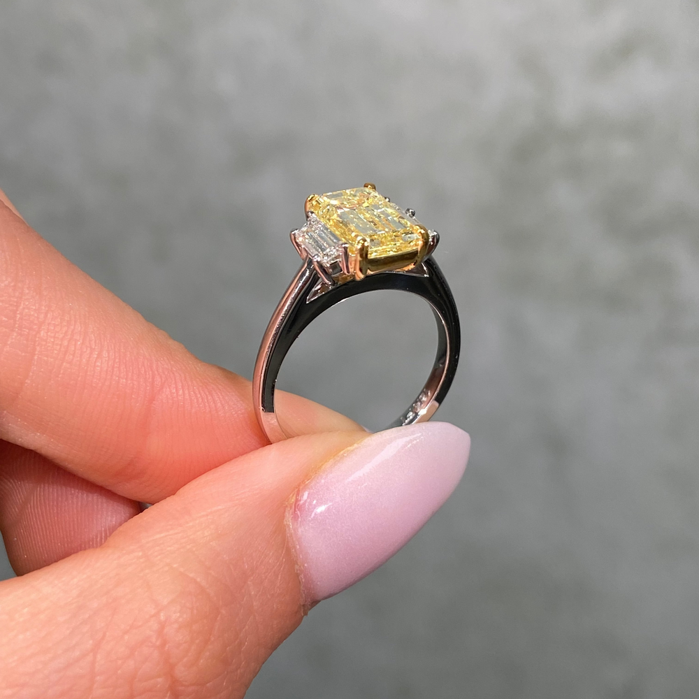 2.2ct Yellow Emerald diamond three stone engagement ring, handcrafted by Rare Colors by Namdar