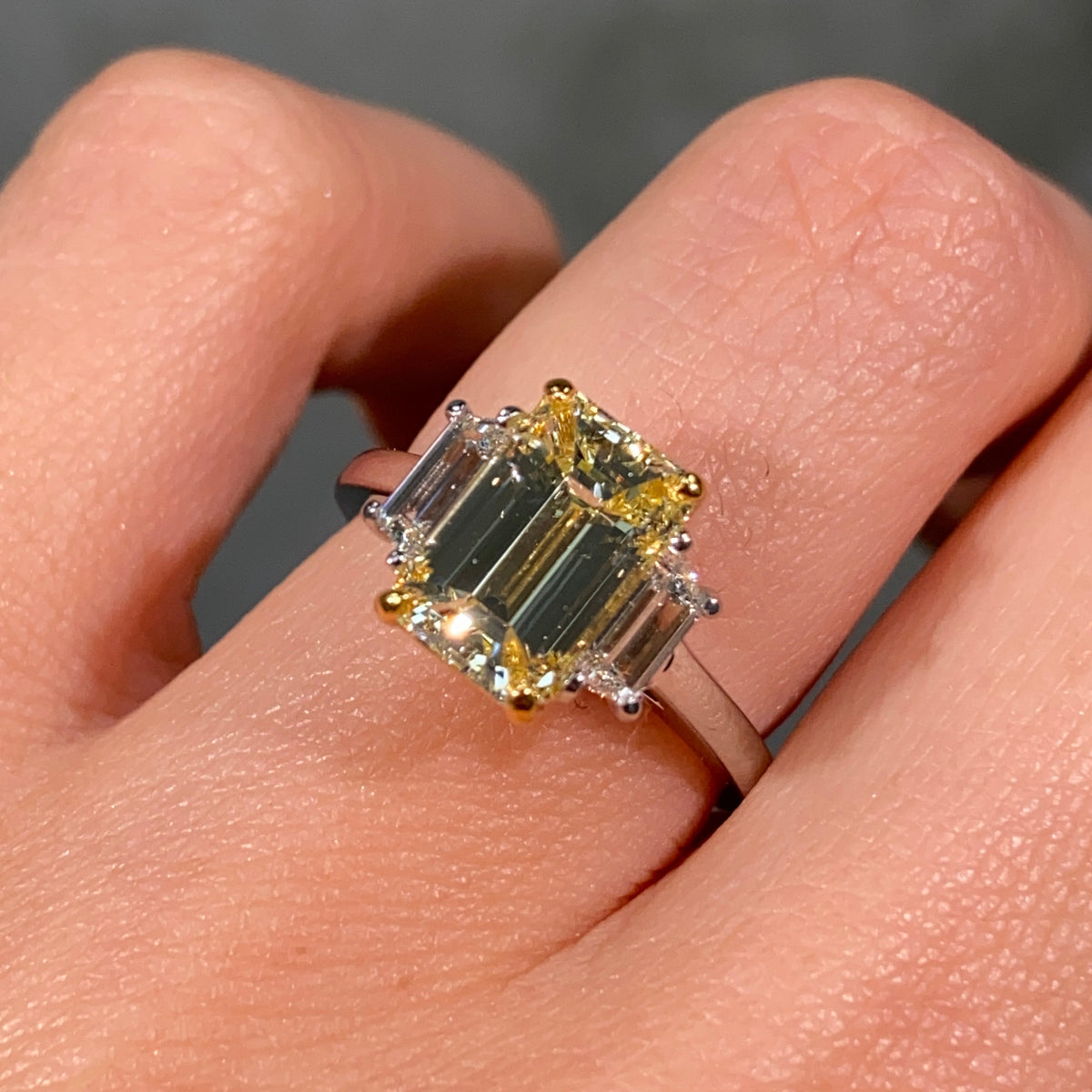 2.2ct GIA Yellow Emerald Diamond Three Stone Engagement Ring