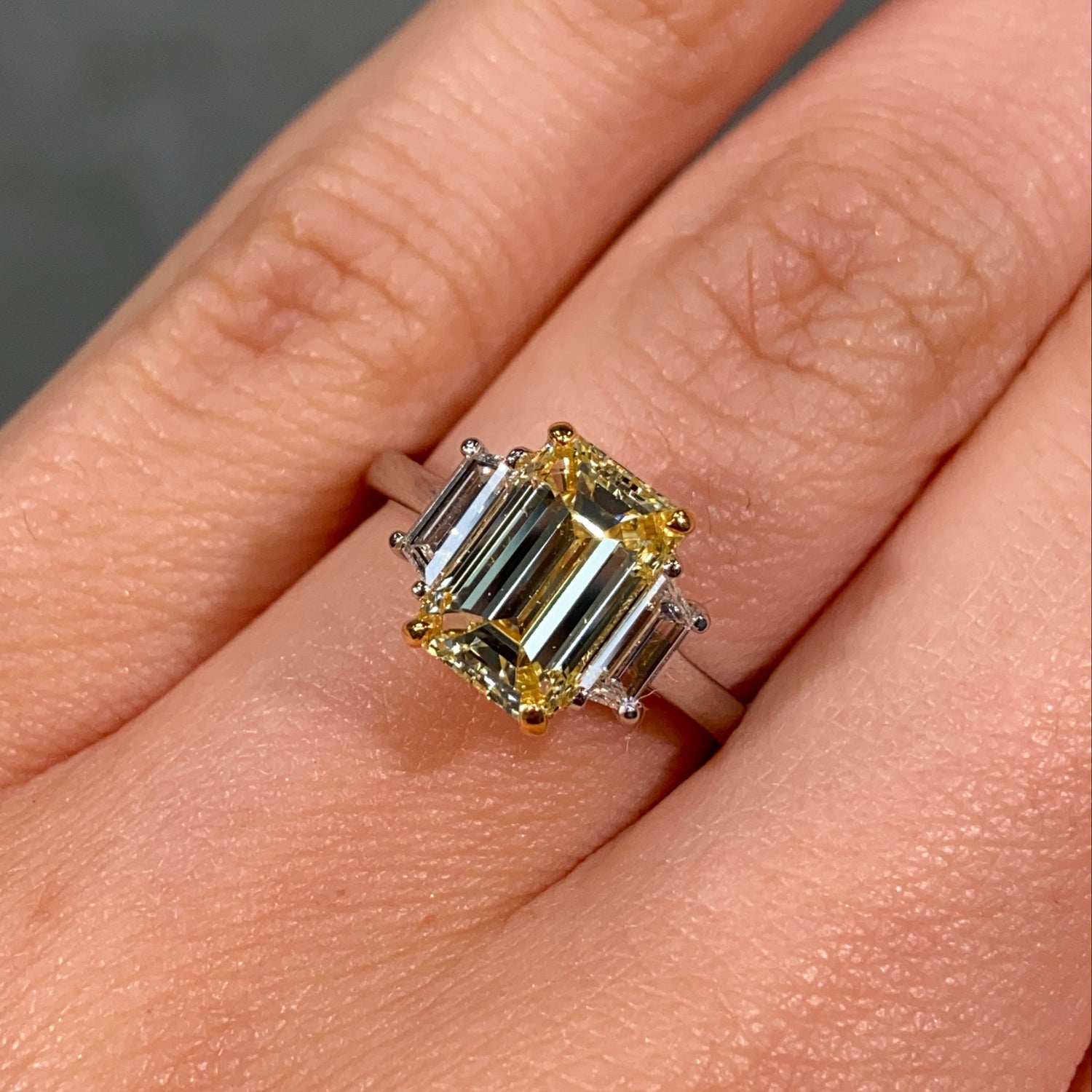 Natural 2.2ct Yellow Emerald diamond three stone engagement ring — Rare Colors by Namdar NYC