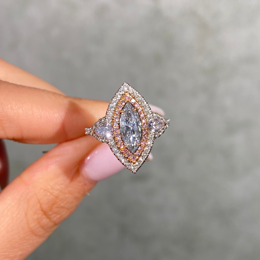 GIA 1ct Light Blue Marquise diamond ring at Rare Colors by Namdar, 5th Avenue New York