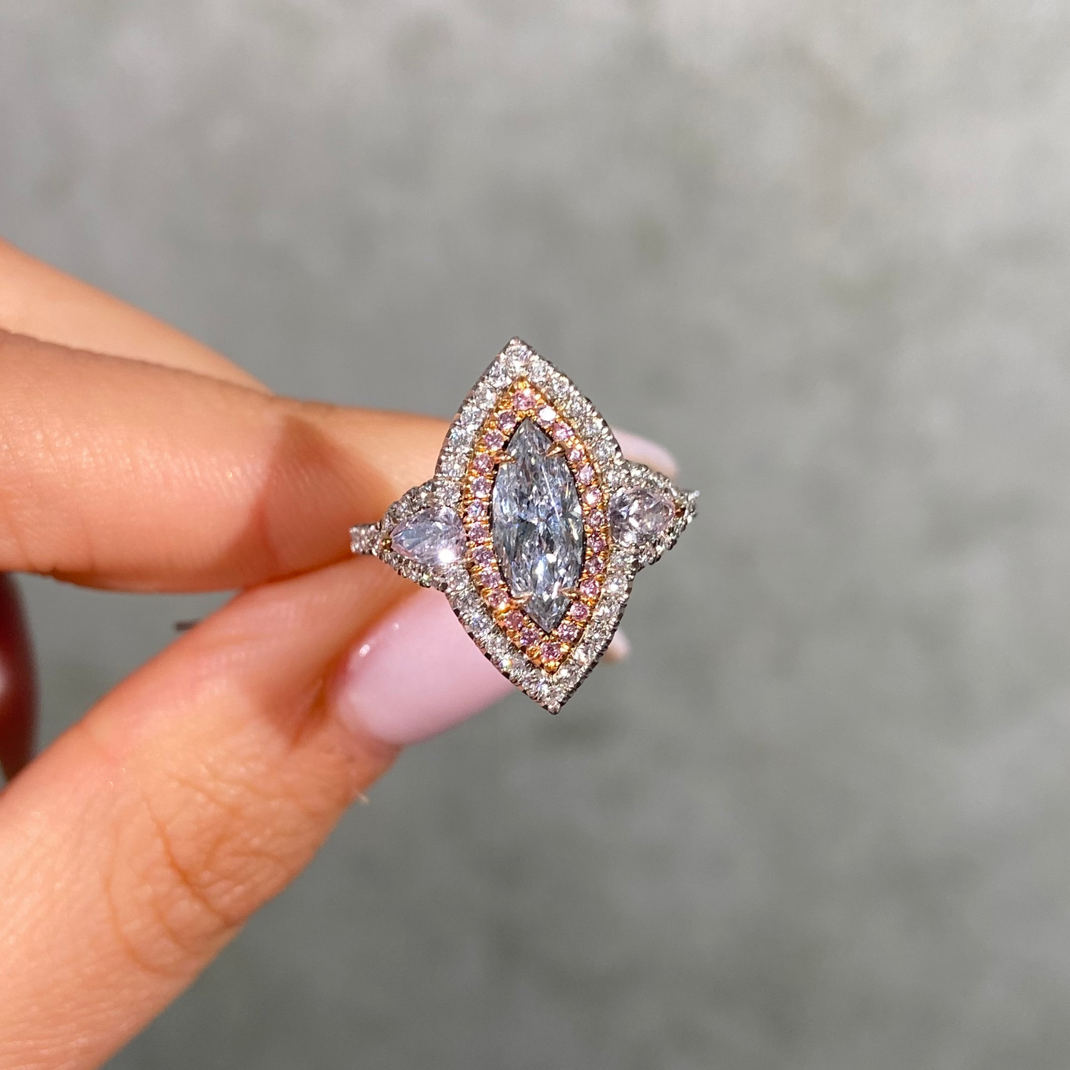 GIA 1ct Light Blue Marquise diamond ring at Rare Colors by Namdar, 5th Avenue New York