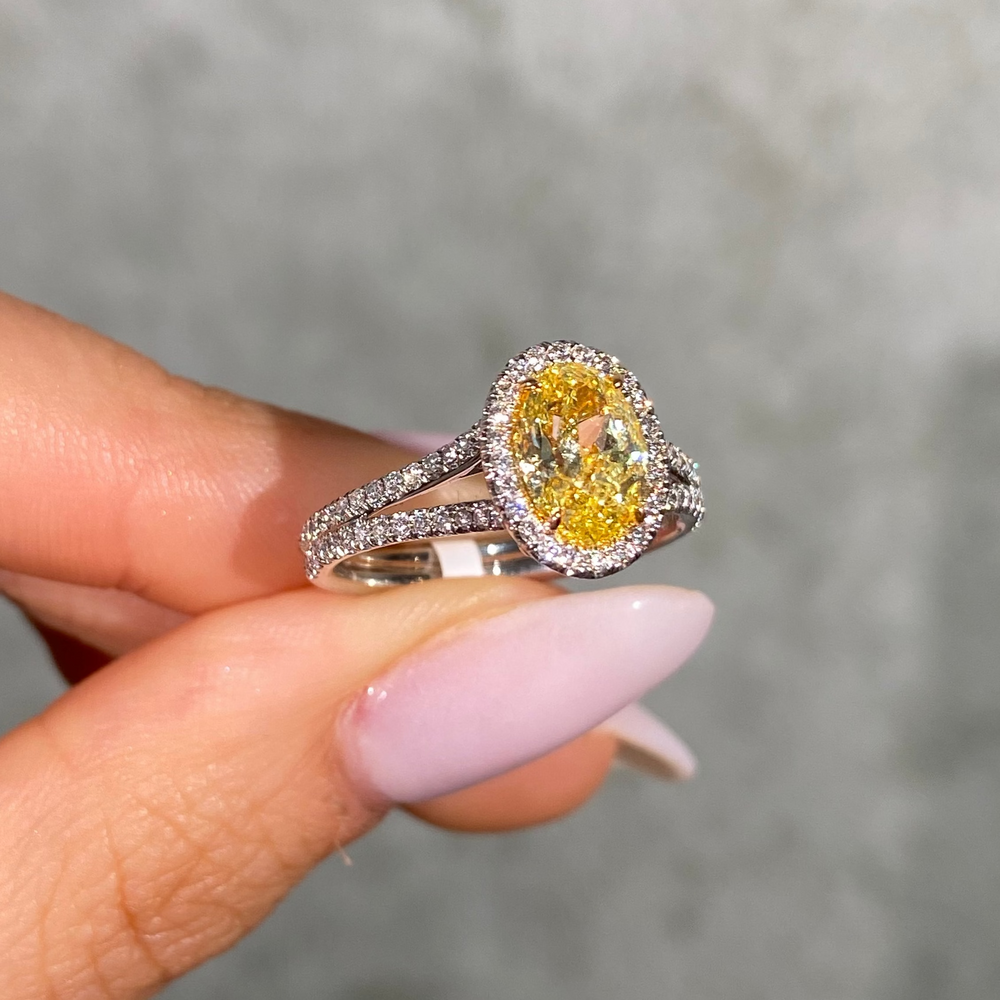 1.47ct Fancy Intense Yellow Oval diamond engagement ring at Rare Colors by Namdar, 5th Avenue New York