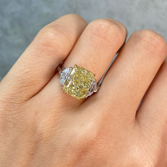 5.02ct Fancy Yellow Elongated Radiant Diamond Three Stone Engagement Ring