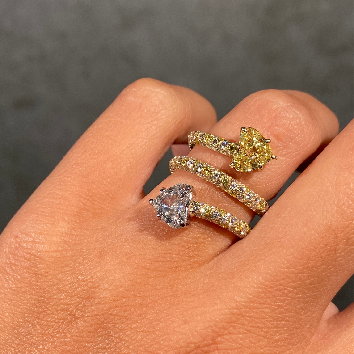Yellow and Colorless Step Heart Diamond Spiral iIng