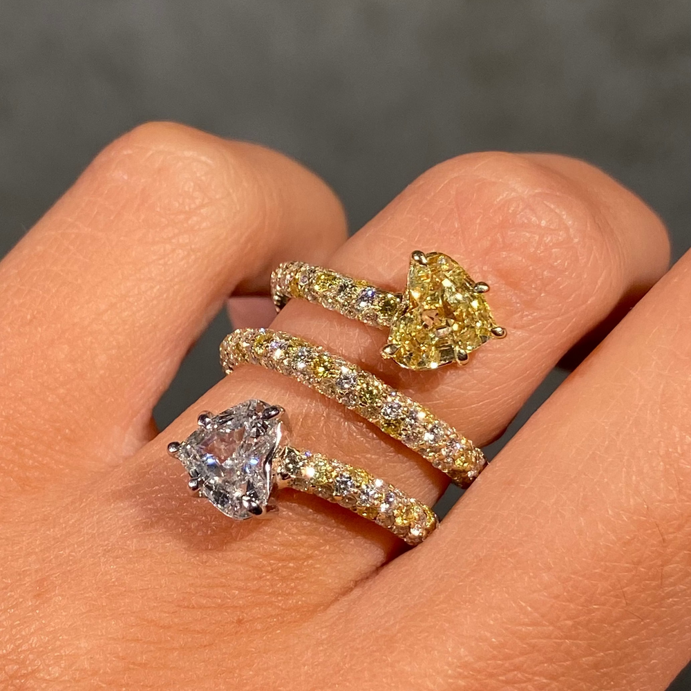 Yellow and Colorless Heart Diamond Spiral Ring