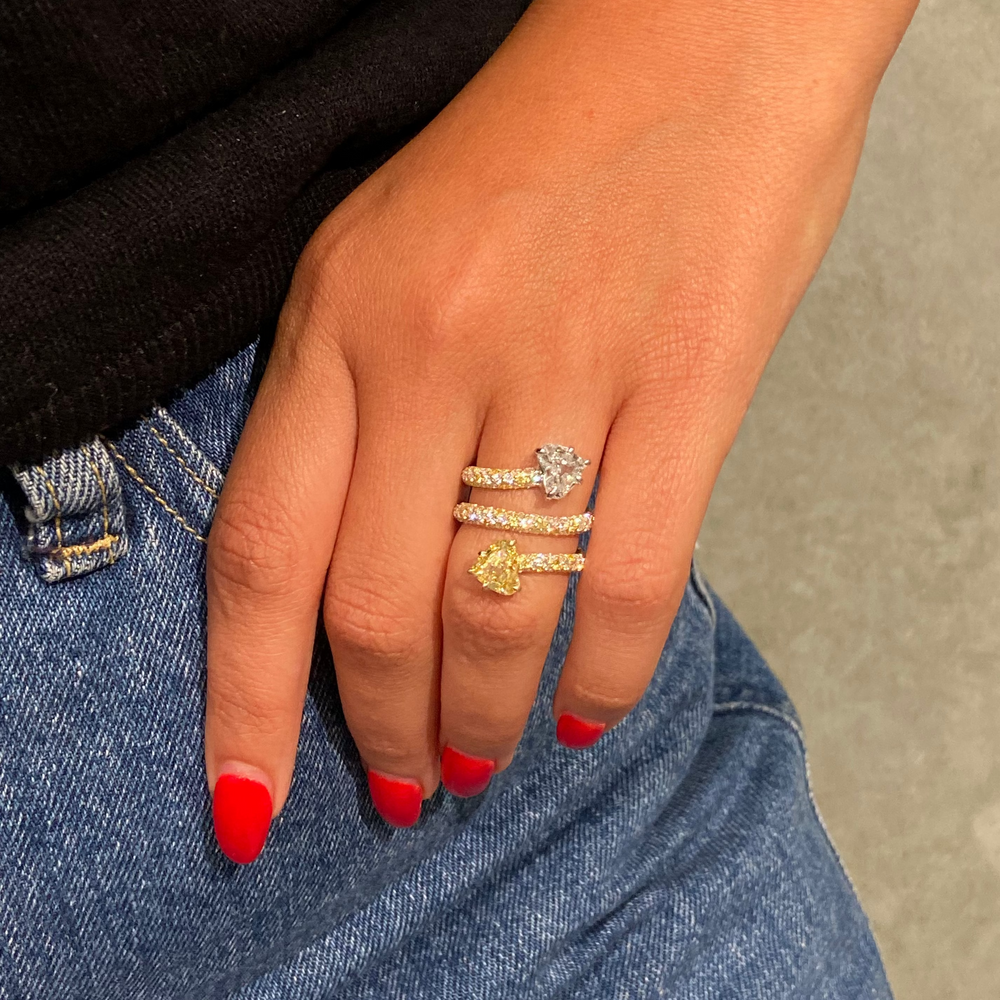Yellow and Colorless Heart Diamond Spiral Ring