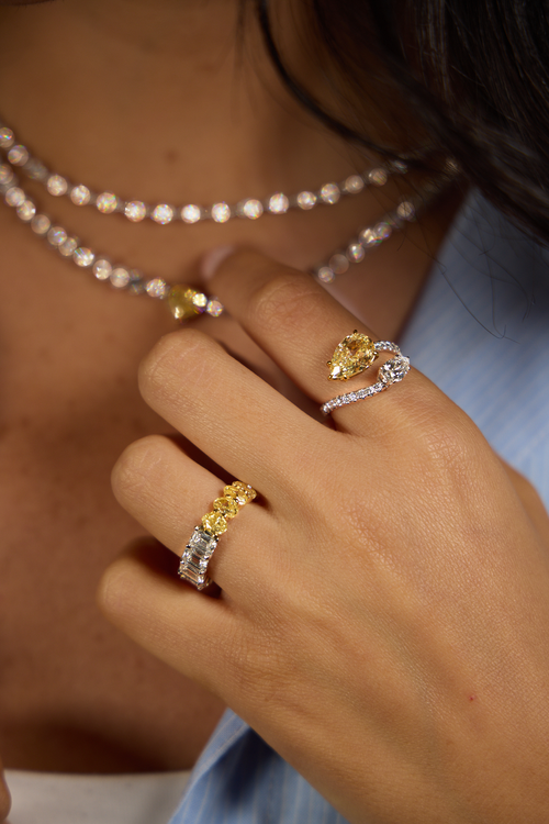 Yellow and White Pear Diamond Spiral Ring