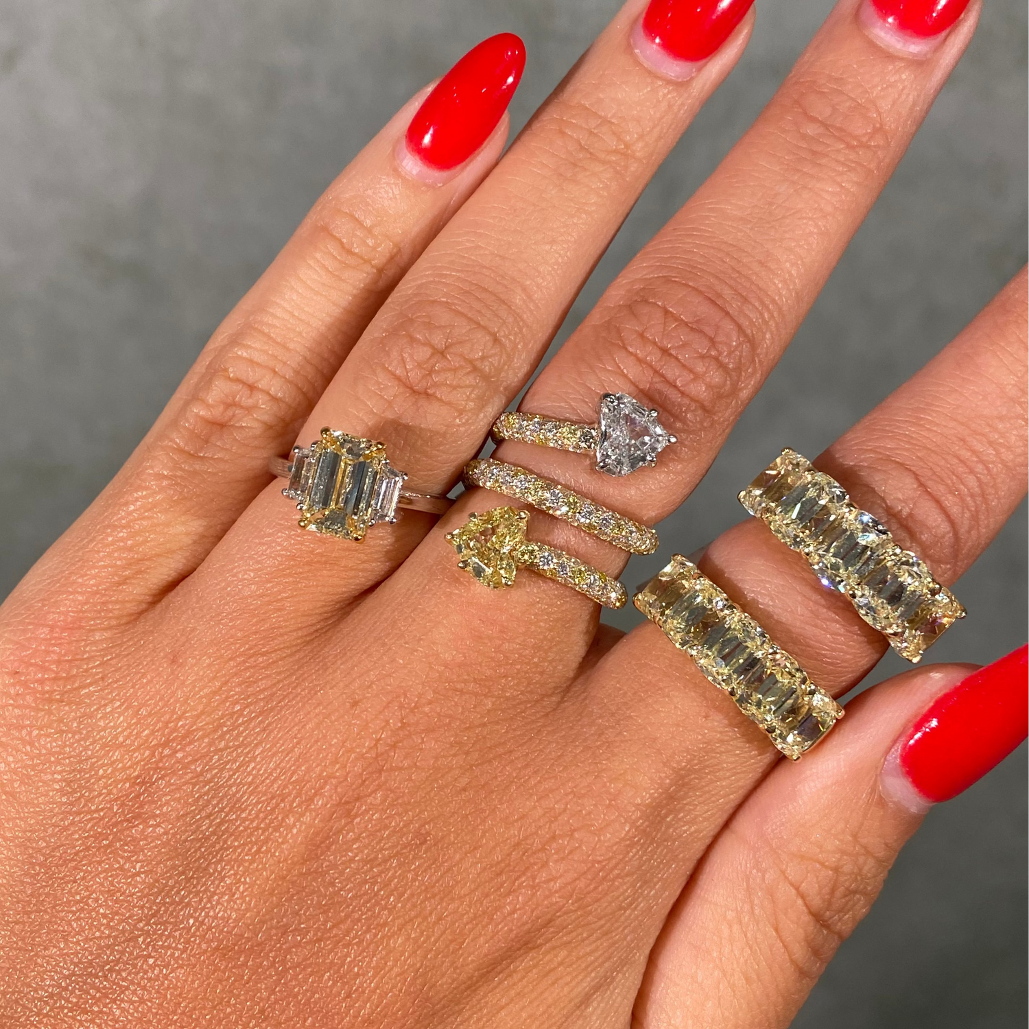 Yellow and Colorless Step Heart Diamond Spiral iIng