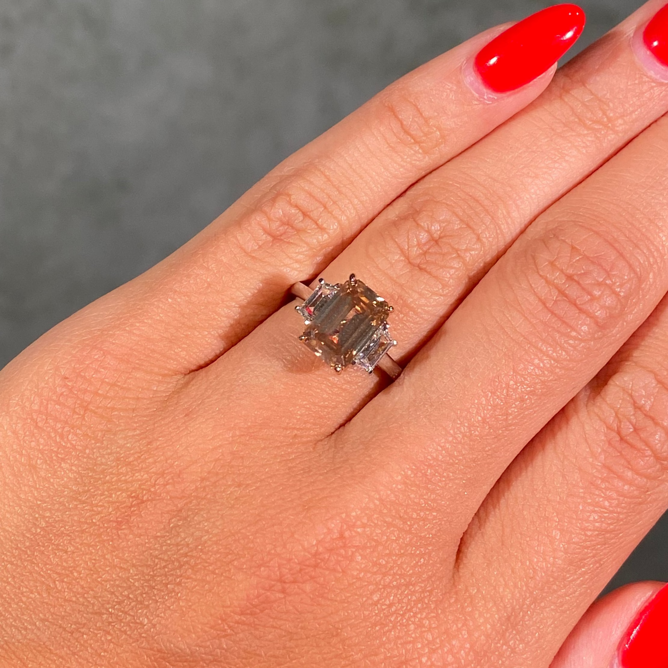 3 Carat Fancy Brown-Orange Emerald Diamond Three Stone Engagement Ring