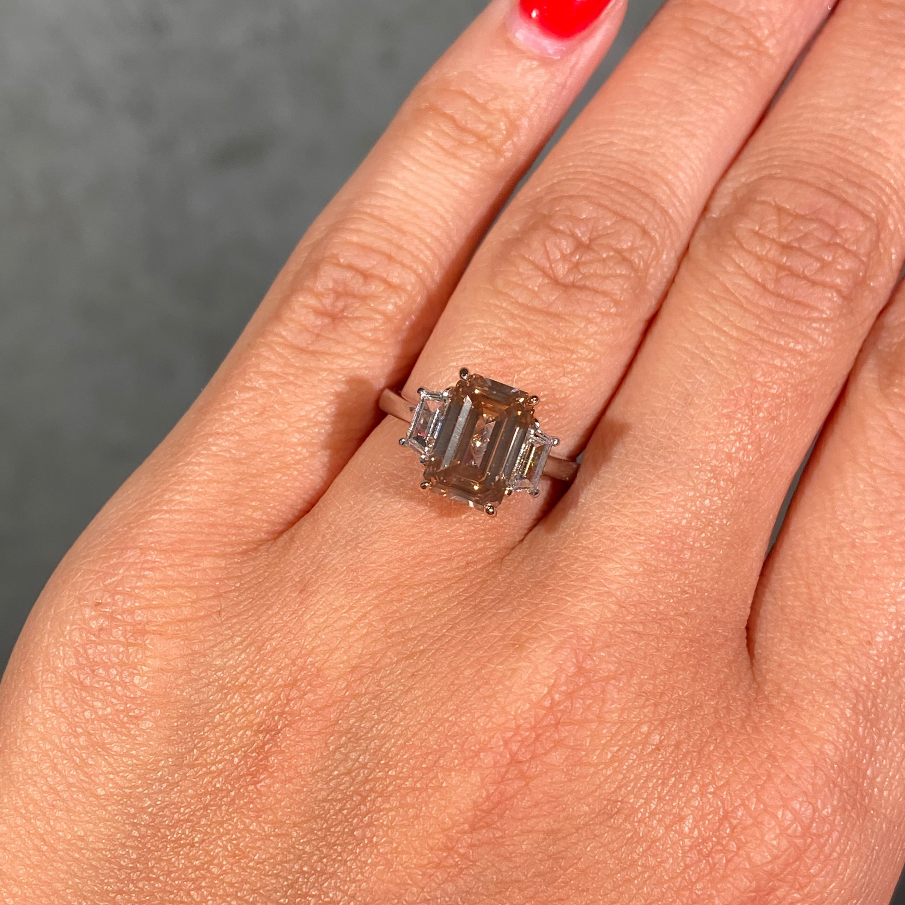 3ct Brown-Orange Emerald diamond three stone engagement ring by Rare Colors by Namdar, New York City