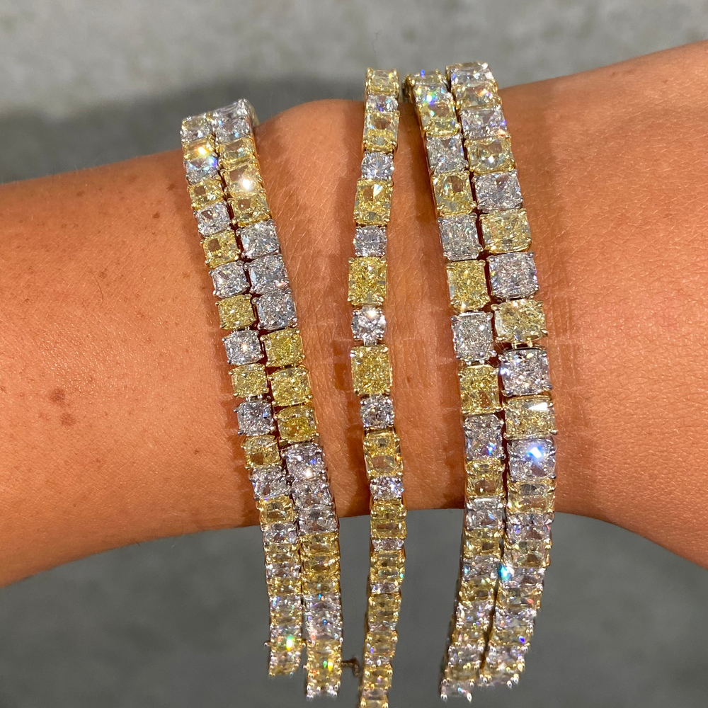 14 Carat Alternating Yellow and Colorless Cushion Diamond Tennis Bracelet