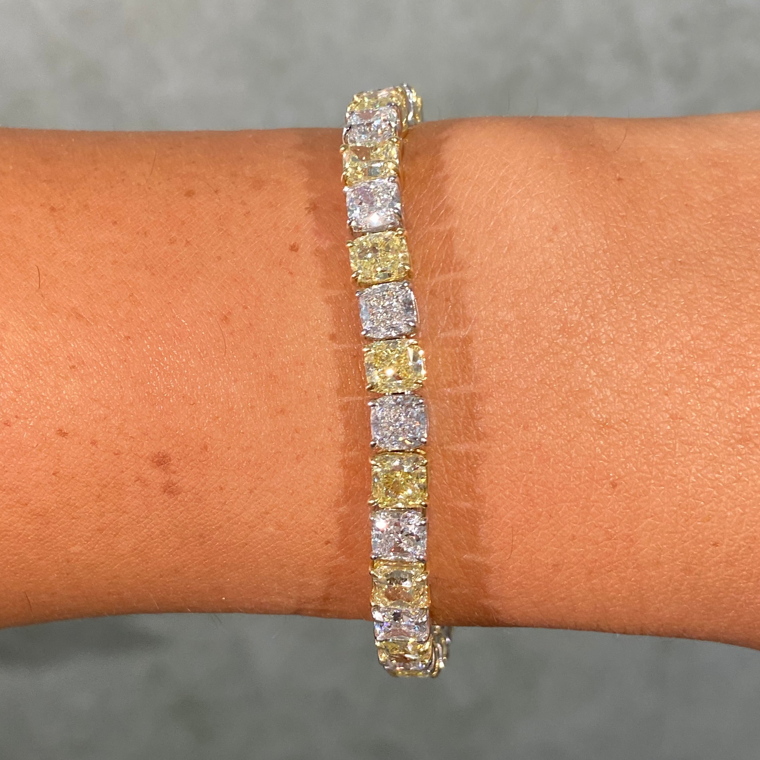 25ct GIA Fancy Yellow and White Cushion Diamond Alternating Tennis Bracelet