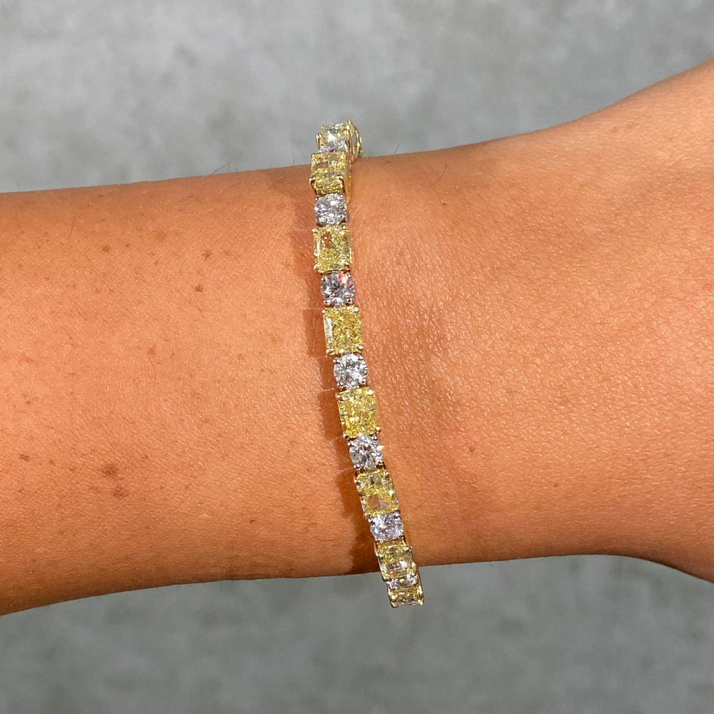 Fancy Yellow Elongated Radiant and White Round Diamond Tennis Bracelet - GIA Certified