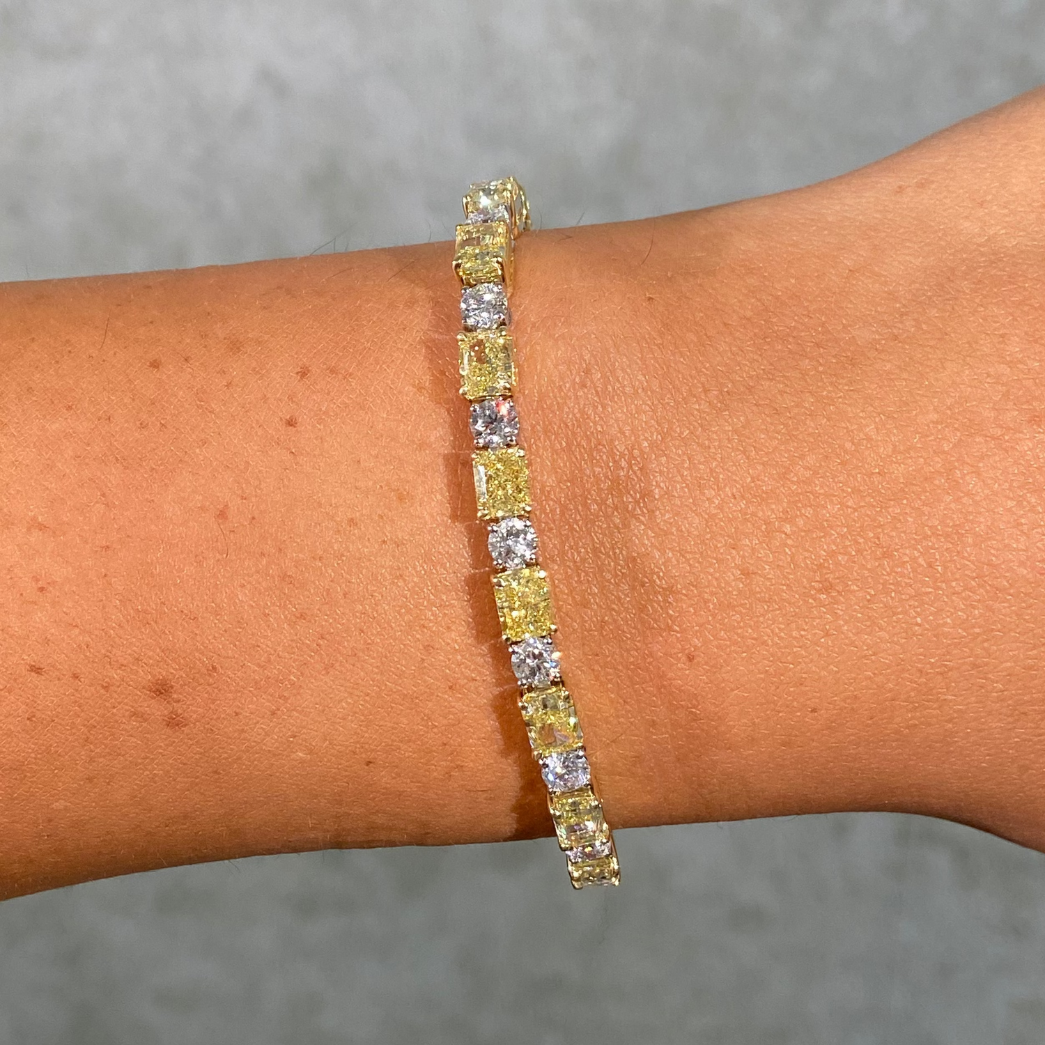 Fancy Yellow Elongated Radiant and White Round Diamond Tennis Bracelet - GIA Certified