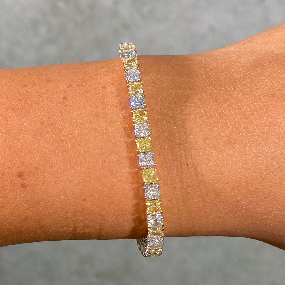 14 Carat Alternating Yellow and Colorless Cushion Diamond Tennis Bracelet