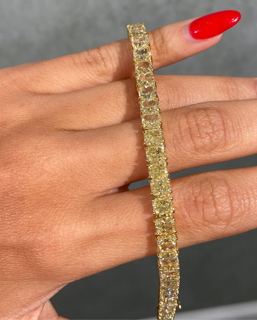 24 Carat GIA Fancy Light Yellow Elongated Radiant Diamond Tennis Bracelet