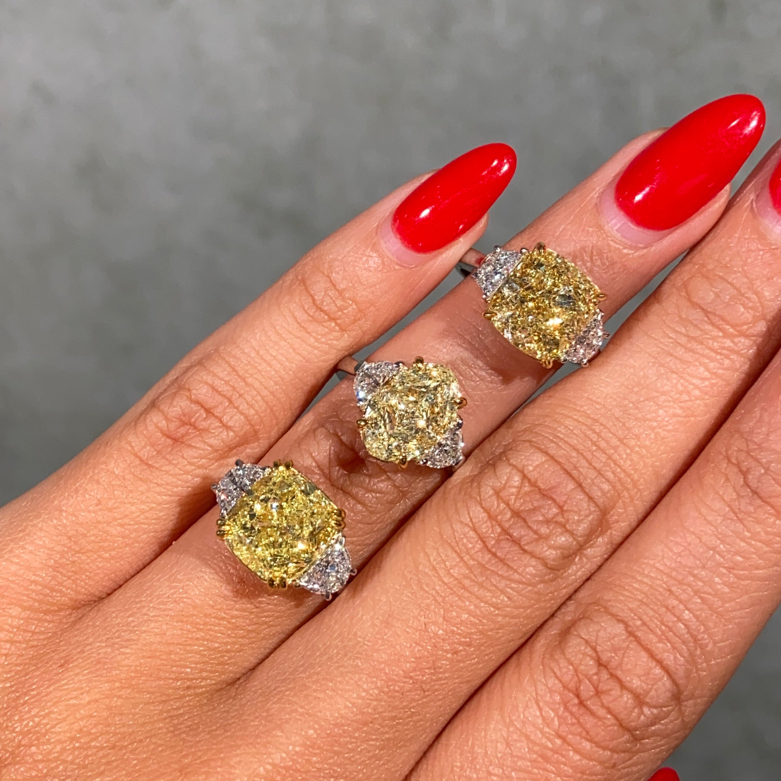 7ct GIA Fancy Yellow Cushion Diamond Three Stone Engagement Ring