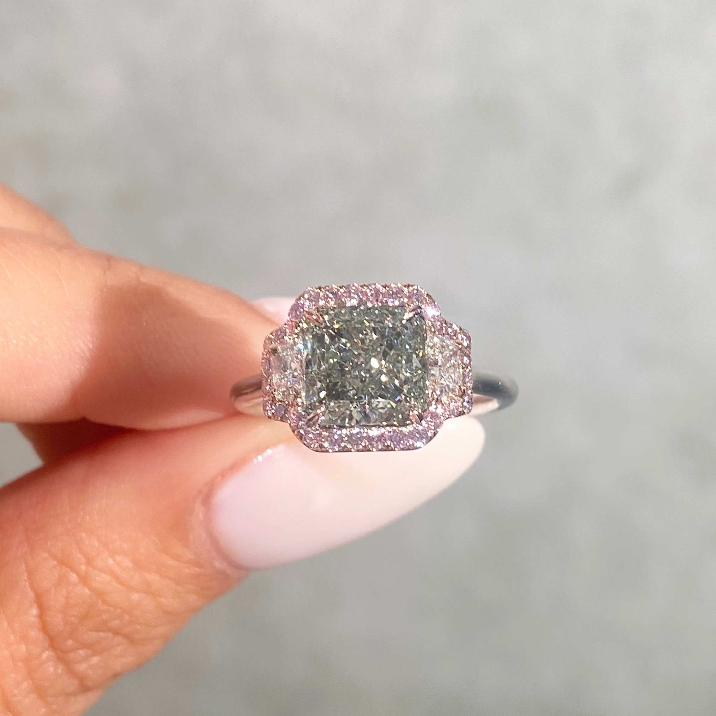 2.54ct GIA Green Diamond Three Stone Halo Engagement Ring
