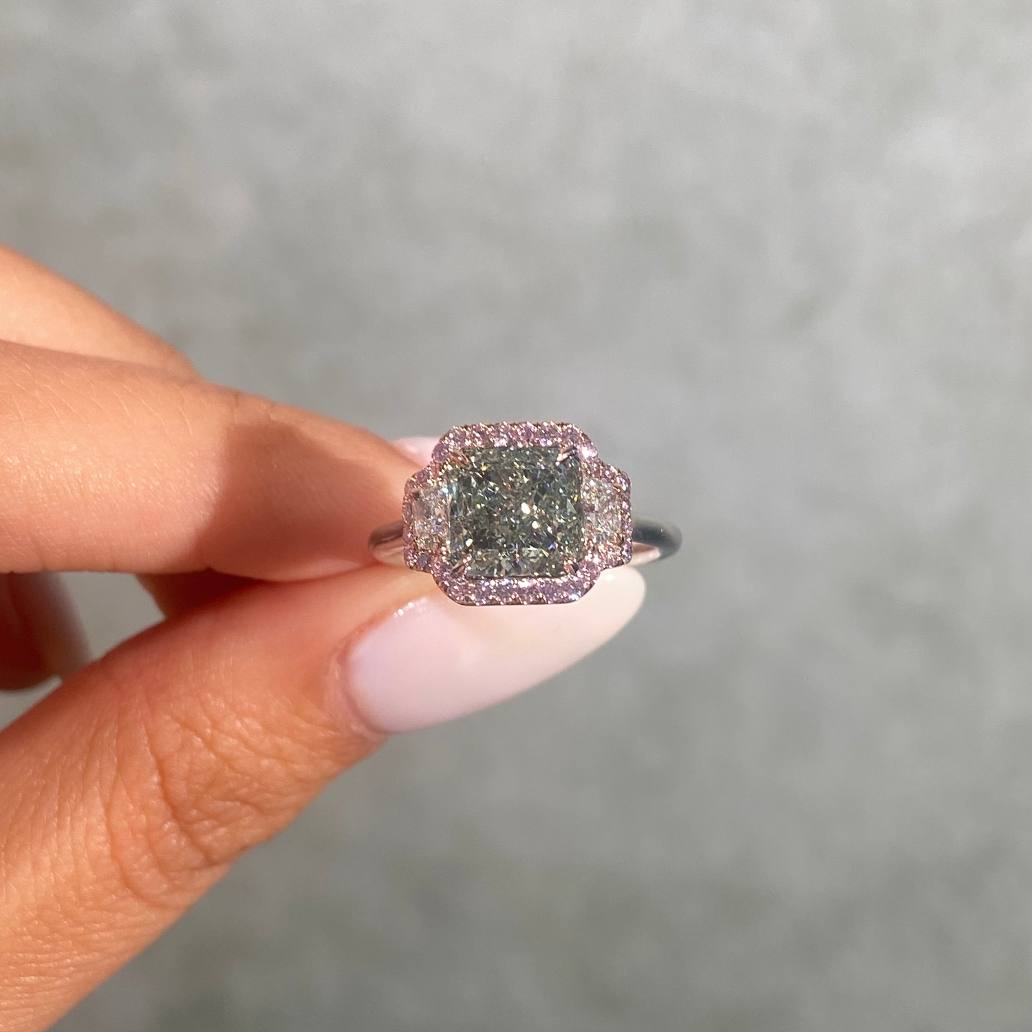 2.54ct GIA Green Diamond Three Stone Halo Engagement Ring
