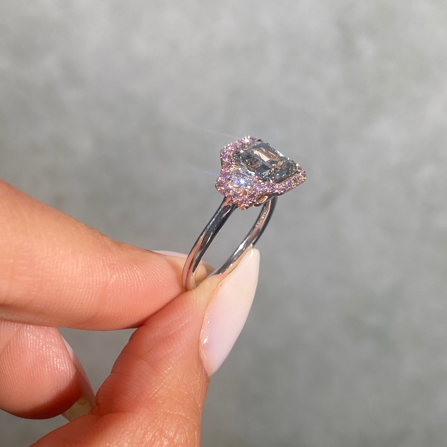 2.54ct GIA Green Diamond Three Stone Halo Engagement Ring